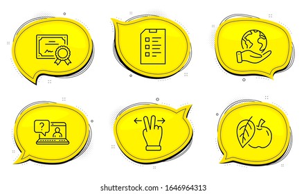 Faq sign. Diploma certificate, save planet chat bubbles. Checklist, Apple and Touchscreen gesture line icons set. Data list, Fruit, Swipe. Web support. Business set. Outline icons set. Vector