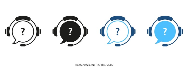 FAQ Silhouette Icon Set. Question and Answer Pictogram. Customer Support Service Symbol Collection. Online Operator, Headset with Speech Bubble and Question Mark Sign. Isolated Vector Illustration.