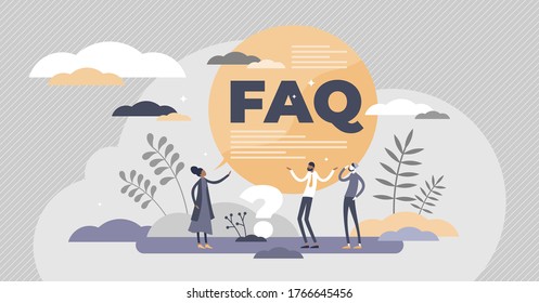 FAQ support as frequently asked questions help in flat tiny persons concept vector illustration. Customer solution answers from web assistance page with advice information. Find problem solving hints.