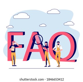 FAQ-Unterstützung als häufig gestellte Fragen helfen in flach winzigen Personen Konzept Vektorgrafik. Kundenlösungen beantworten die Fragen von der Web-Support-Seite mit Ratschlägen. Finden Sie Hinweise zur Problemlösung.