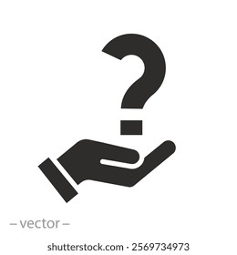 faq support, holding hand question mark icon, puzzled or uncertainty bubble, doubt ask, frequently information advice, flat vector illustration