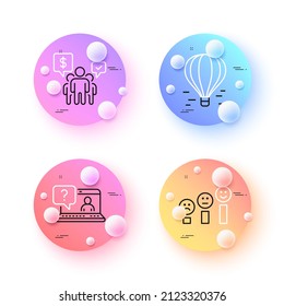 Faq, Teamwork e iconos de línea mínimos de satisfacción del cliente. botones de esferas o bolas 3d. Iconos de globo de aire. Para web, aplicación, impresión. Soporte web, chat de empleados, gráfico de sonrisa feliz. Vector