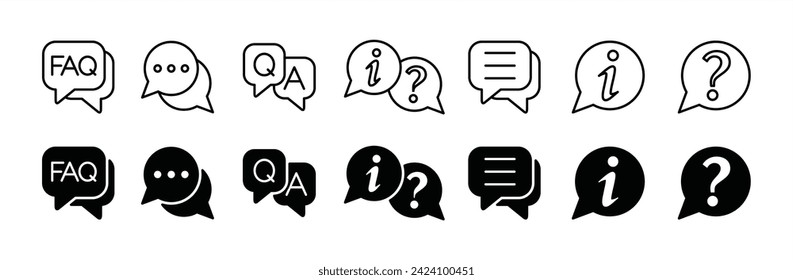 FAQ thin line icon set. Frequently asked questions icon. Help, message, speech bubble, Q and A, question and answer, and information symbol for app and website. Vector illustration