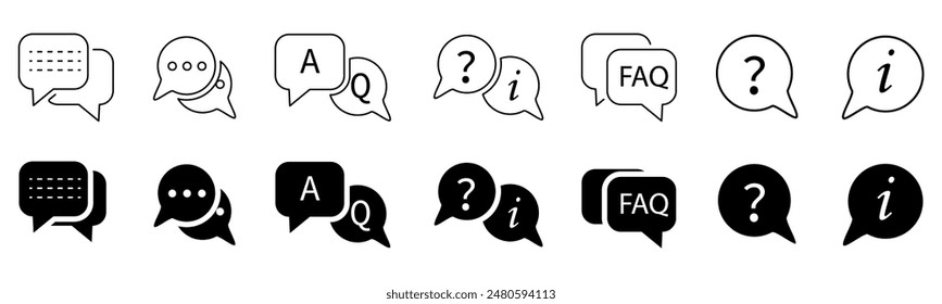 FAQ conjunto de iconos de línea fina. Preguntas frecuentes símbolos colección. Q y A de la burbuja del discurso del mensaje, elemento del Vector de los iconos de pregunta y respuesta.