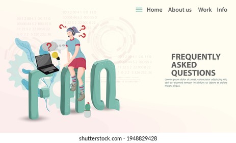 FAQ, Vector illustration, Landing page template for a web page or app, A girl with headphones sitting on big letters and answering questions in front of a laptop