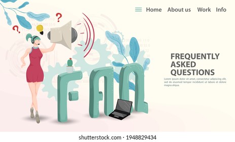 FAQ Vector illustration, a landing page template for a web page or app, A girl with headphones answers questions holds a large speaker next to large letters