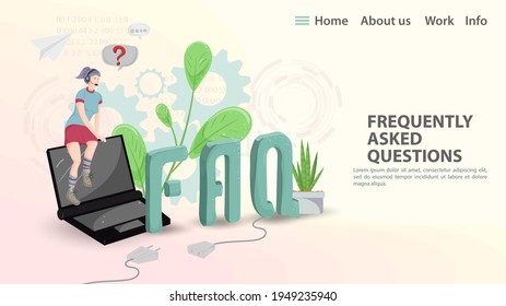 FAQ, Vector illustration, Landing page template for a web page or app, A girl sitting on a laptop next to large letters and plugs