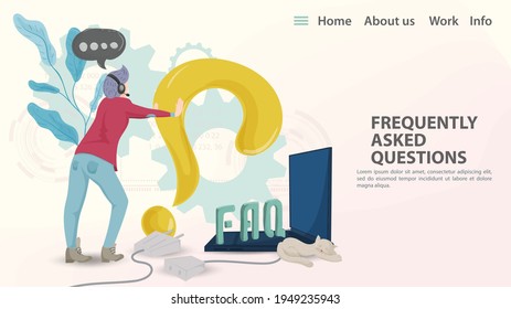 FAQ, Vektorgrafik, Landing Page Template für eine Webseite oder App, Ein Typ schiebt ein Fragezeichen in einen Laptop