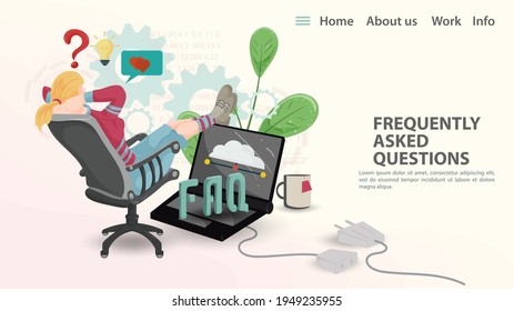 FAQ, ilustración vectorial, plantilla de página de inicio para una página web o aplicación, Una chica sentada en una silla con los pies en una laptop
