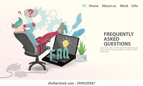 FAQ, Vector illustration, Landing page template for a web page or app, A guy sitting in a chair with his feet on a laptop