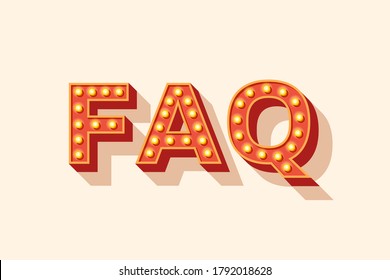 FAQ vector lettering, red typography with light bulbs. Signboard banner, design element. Casino style text isolated on white background. Concept for frequently asked questions, instructions and rules