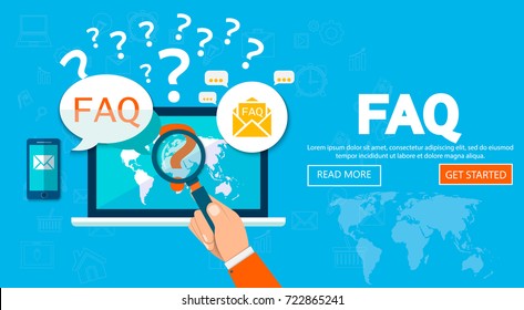 FAQ website banner. Vector illustration concept for frequently asked questions or questions and answers, client or customer support, product and service information.