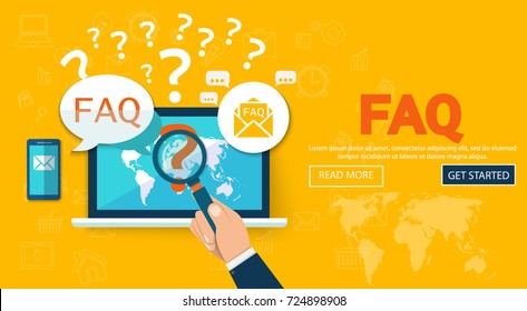 FAQ website banner. Vector illustration concept for frequently asked questions or questions and answers, client or customer support, product and service information.