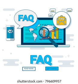 FAQ website banner. Vector illustration concept for frequently asked questions or questions and answers, client or customer support, product and service information.