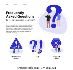 FAQ website page with warning and notification signs. Confusion people ask frequent 
question, Questioning persons stands near exclamation sign. Concept cartoon illustration. 