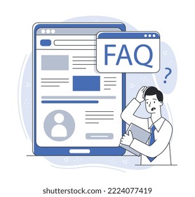 FAQ website support page. Young guy looking for information and knowledge on Internet. Feedback and technical support, consultation. Poster or banner for website. Cartoon flat vector illustration