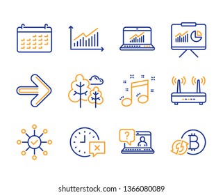 Faq, Wifi and Survey check icons simple set. Next, Online statistics and Time signs. Calendar, Graph and Musical note symbols. Presentation, Tree and Refresh bitcoin. Line faq icon. Colorful set