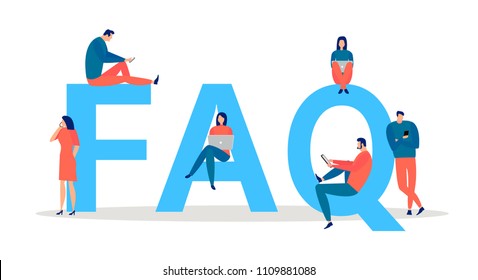 FAQ word  with little people standing and sitting near letters and using laptops; mobile phones and tablets. Frequently asked questions concept. Vector illustration