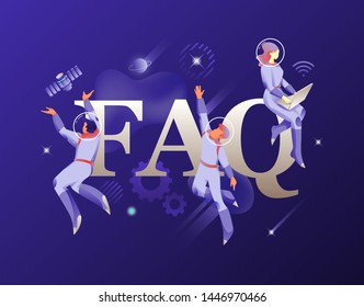 FAQ word and people in spacesuits. Vector metaphor with word FAQ surrounded by developers in spacesuits.