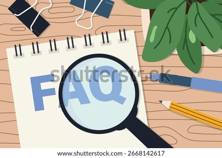 FAQ written in a spiral notebook with magnifying glass, symbolizing help, support, questions, answers, problem solving, customer assistance, and knowledge search- vector illustration
