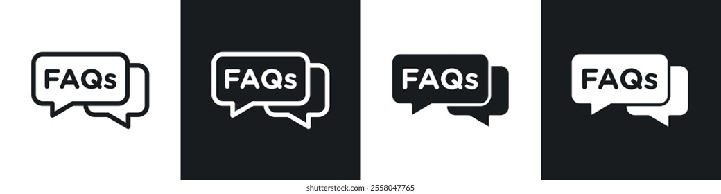 FAQs icons pack in black and white filled and outlined versions.