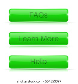 FAQs, Learn More, Help buttons. Green rectangular 3d icons. Vector illustration isolated on white background.