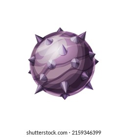 Far alien world, fantasy planet with thorns or fangs, satellites in space isolated flat cartoon icon. Vector galaxy exoplanet deep space planet. Asteroid, inhabitable place in outer space atmosphere