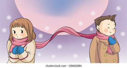 Far away but not apart. Cute teenage lover couple boyfriend girlfriend attach their scarf in the sign of love in winter dating in romantic night sky background for valentine (cartoon vector)