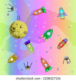 far away in outer space, colorful rockets and spaceships fly among planets, stars and moons