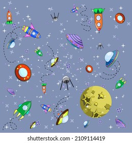 far away in outer space, colorful rockets, spaceships and UFOs fly among planets, stars and moons
