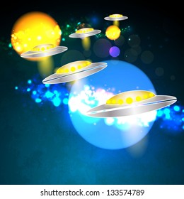Far deep space abstract cartoon galaxy with planets and space ships.