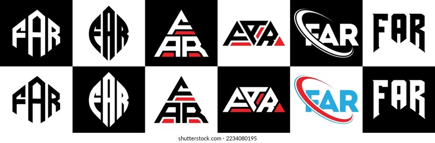 FAR letter logo design in six style. FAR polygon, circle, triangle, hexagon, flat and simple style with black and white color variation letter logo set in one artboard. FAR minimalist and classic logo