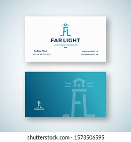 Far Light Abstract Vector Sign or Logo and Business Card Template. Searchlight Tower Symbol from A and L letters. Lighthouse Building Monogram. Premium Stationary Realistic Mock Up. Isolated.