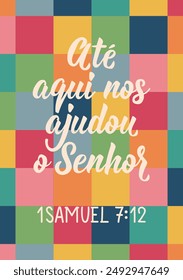 So far the Lord has helped us in Portuguese. Greeting card with hand-drawn lettering.