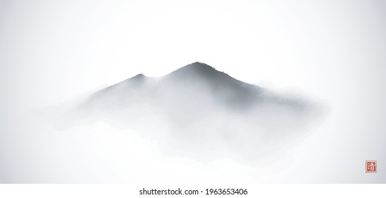 Far misty mountains hand drawn with ink in simple and clean minimalist style. Traditional oriental ink painting sumi-e, u-sin, go-hua. Hieroglyph - clarity.