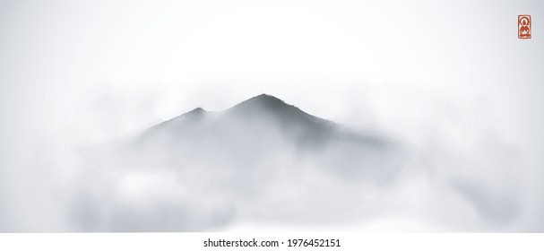 Far misty mountains hand drawn with ink in simple and clean minimalist style. Traditional oriental ink painting sumi-e, u-sin, go-hua