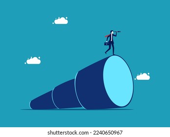 Far reaching vision. Businessman on big binoculars