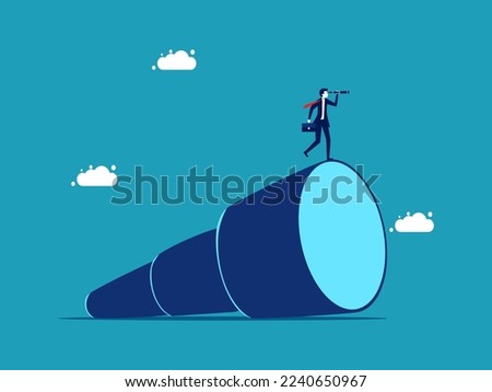 Far reaching vision. Businessman on big binoculars