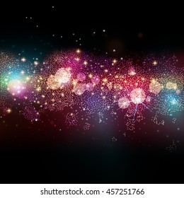 Far star field in deep space. Abstract vector illustration with many lights at black background. Glowing stars. Galaxy way. Fantasy decoration for holidays design.