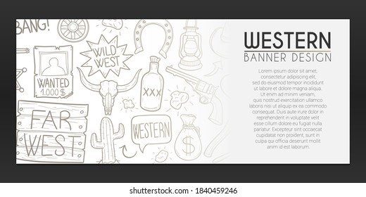 Far West Banner Doodles. Western Background Hand drawn. Cowboy illustration. Vector Horizontal Design.