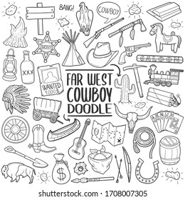Far West Cowboy Set Line art.
Western Doodle vector art design. Sketch traditional illustration.