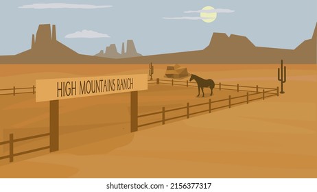 Far west ranch with a horse inside in a desert landscape.