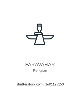 Faravahar icon. Thin linear faravahar outline icon isolated on white background from religion collection. Line vector sign, symbol for web and mobile