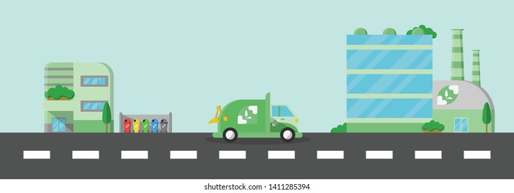 Farbage and waste recycling scene. Building with trash bins, garbage truck, and waste recycling plant. Green energy vector illustration.
