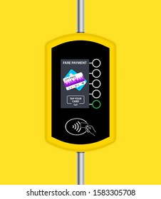 Fare payment. Card ticket validation scanning display. Wireless contactless cashless payments. Validator fare payment. Terminal for passenger transport card