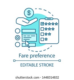 Fare preference concept icon. Transportation costs idea thin line illustration. Services, airline classes price. Airplane amenities. Travel expenses. Vector isolated outline drawing. Editable stroke