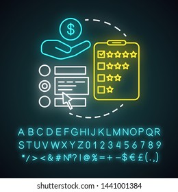 Fare preference neon light icon. Transportation costs, expenses. Services, airline classes price. Airplane amenities. Glowing sign with alphabet, numbers and symbols. Vector isolated illustration