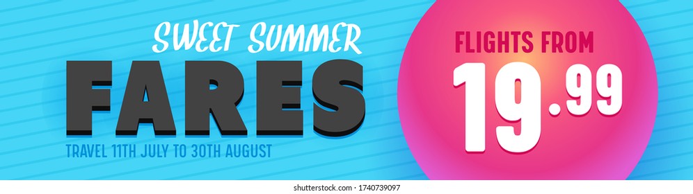 Fares banner design. Sweet summer flight promotion template. Horizontal banner, poster, header website. Cheap Sale flights and last minute deals