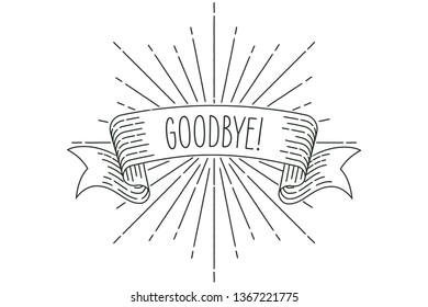 Farewell banner. Ribbon banner greeting card in vintage look with word goodbye, engraving style graphic. Retro design element. Vector Illustration.