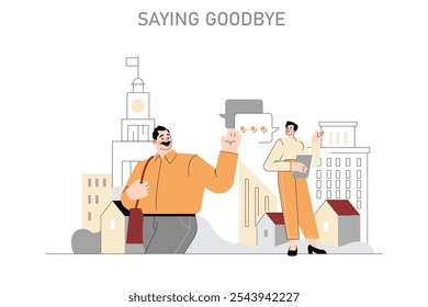 Conceito de despedida. Um homem acenando adeus a uma mulher em um ambiente urbano transmitindo emoções de partida. Comunicação, vida na cidade, separação. Ilustração vetorial.